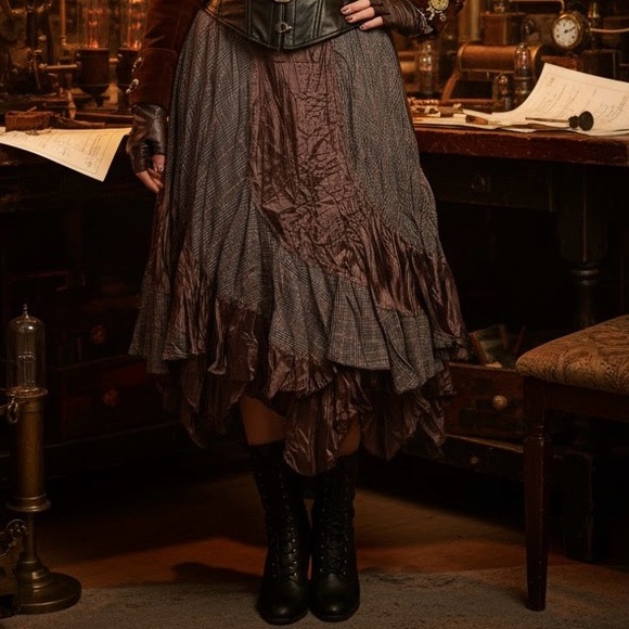COCO & Tashi Patchwork Ruffle Skirt Plaid Chocolate Brown Mixed Media Whimsigoth - Picture 2 of 8